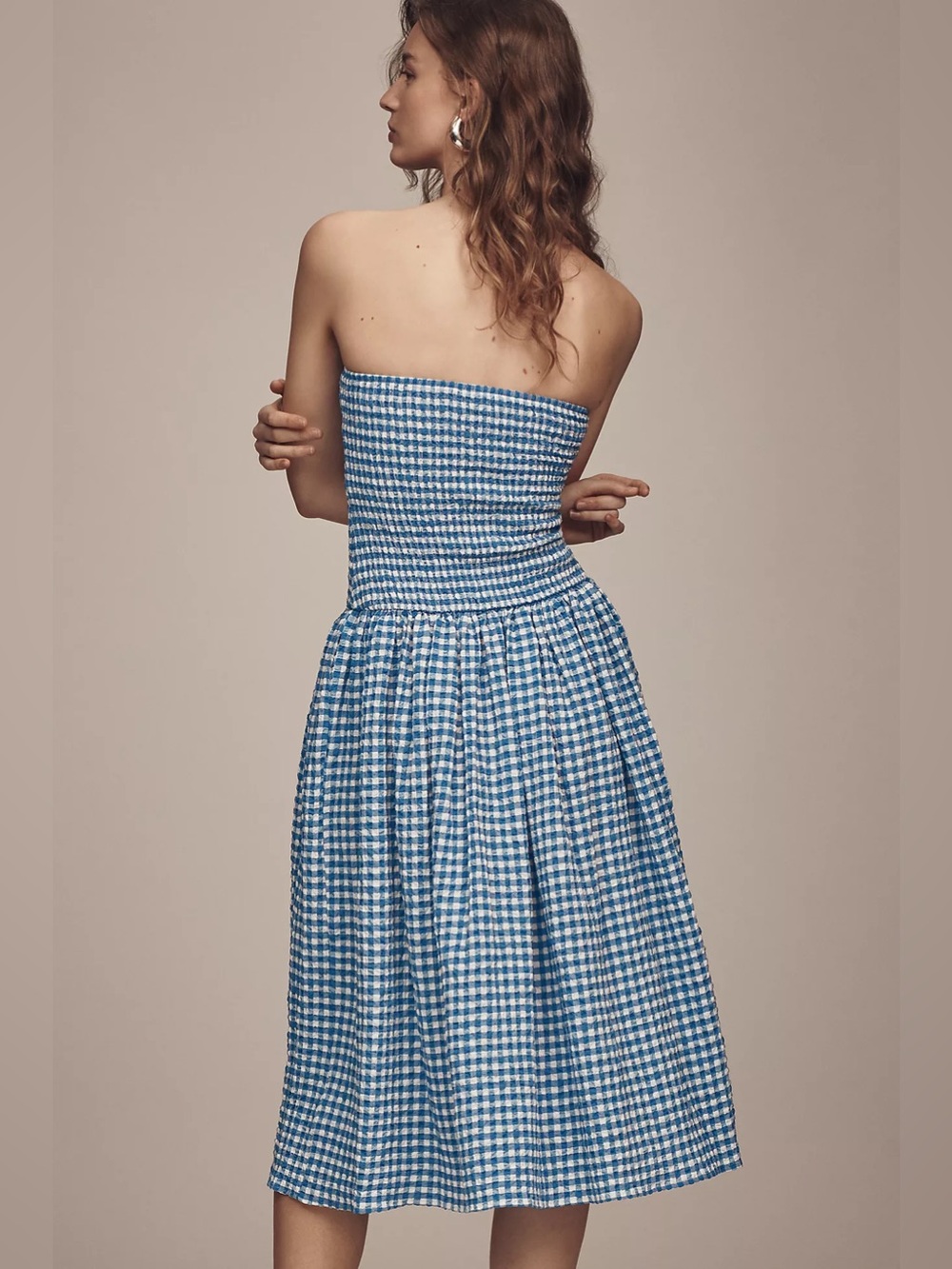 Anthropologie Maeve Blue Gingham Strapless Midi Dress - Picture 3 of 8